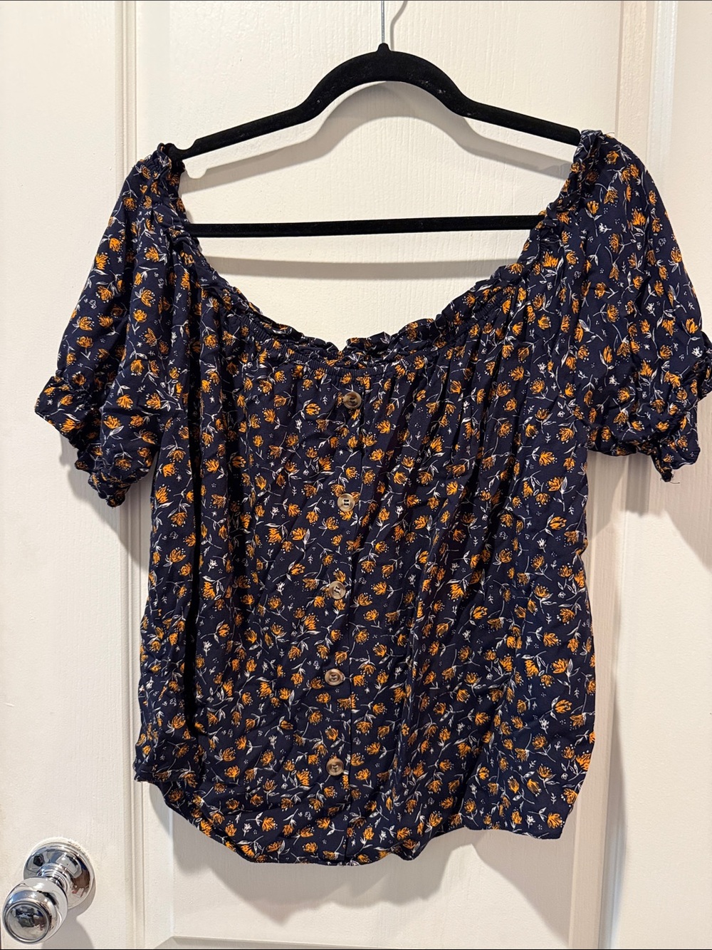 Blush Navy Floral Off-Shoulder Button Top